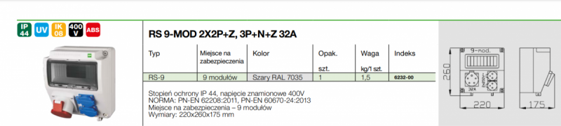 Rozdzielnica budowlana RS-9 9-mod. 2x2P+Z, 32A/5P, IP44 bez zabezpieczeń 6232-00
