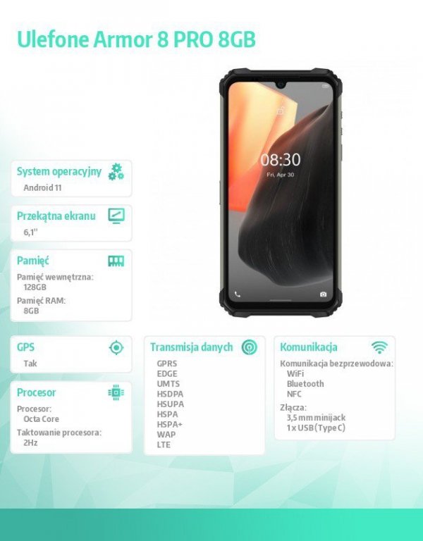 ULEFONE Smartfon Armor 8 Pro 8/128GB IP68/IP69K 5580mAh DualSIM Czarny