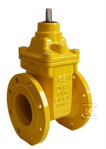 Zasuwa klinowa OptiValve do gazu typ A, kołnierzowa DN100, PN16, krótka F4, miękkouszczelniona, NBR, bez kółka, GJS-żeliwo sferoidalne, kolor żółty