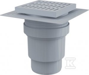 Kratka ściekowa 150×150/110 mm odpływ pionowy, kratka szara, dwa poziomy izolacji, syfon mokry