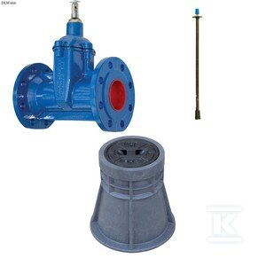 Zasuwa kołnierzowa F5 DN150, długa bez kółka, PN10, GJL + obudowa sztywna + skrzynka PEHD ZESTAW DLW444
