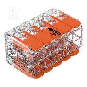 Złączka instalacyjna z dźwignią, do wszystkich rodzajów przewodów, maks. 4 mm2, x10, obudowa przezroczysta, dźwignia pomarańczowa /15szt.=1opk./ 221-420