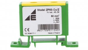 Blok rozdzielczy-odgałęźny 1-polowy CU 16-50mm2 żółto-zielony montaż płaski i na szynę TH ZP50 Cu / z 48.59