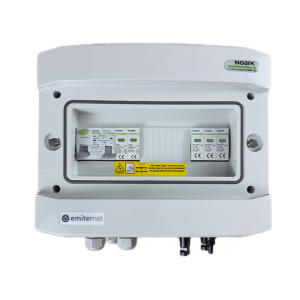 Rozdzielnica przył. DCAC hermetyczna IP65 EMITER z ogranicznikiem przepięć DC Noark 1000V typu 2, 2 x łańcuch PV, 2 x MPPT // ogr. AC Noark typ 2, 20A 1-F, RCD 40A/300mA