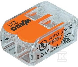 Złączka instalacyjna COMPACT do wszystkich rodzajów przewodów maksymalnie 4 mm 2-przewodowe z dźwigniami kolor obudowy przezroczysty temperatura otoczenia maksymalnie 85 &deg;C (T85) 4,00 mm transparentny 221-412