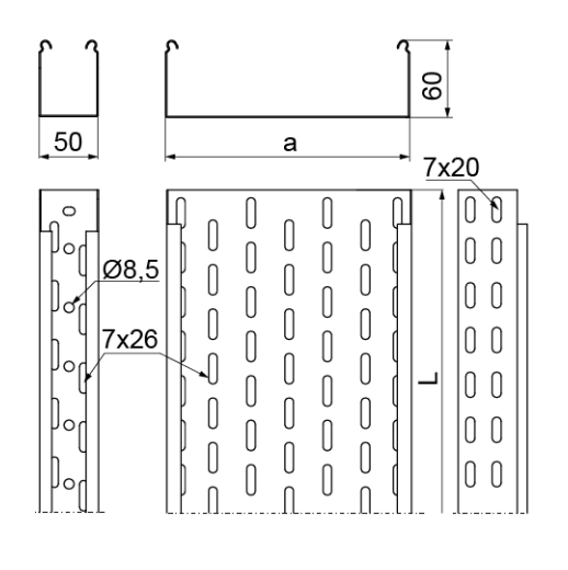 Korytko kablowe perforowane 50x60mm 1,0mm KGJ/KCJ/KPJ50H60/3 160624 /3m/