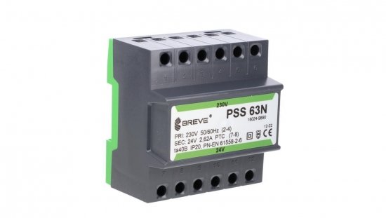Transformator 1-fazowy modułowy bezpieczeństwa PSS 63N 230/ 24V 2,6A, na szynę DIN, IP20, Ta 40, 16024-9890
