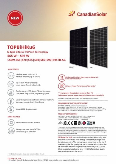Moduł fotowoltaiczny panel PV 585Wp Canadian Solar CS6W-585TB-AG TopBiHiKu6 N-Type Bifacial SF Srebrna rama