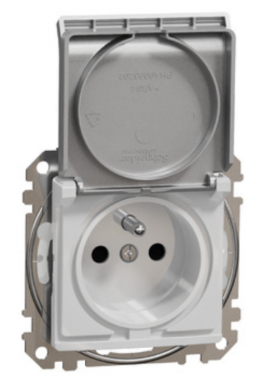 Schneider Electric, Sedna Design i Elements, Gniazdo zasilające 2P+PE z przesłonami torów pr. IP44, srebrne aluminium, SDD213013