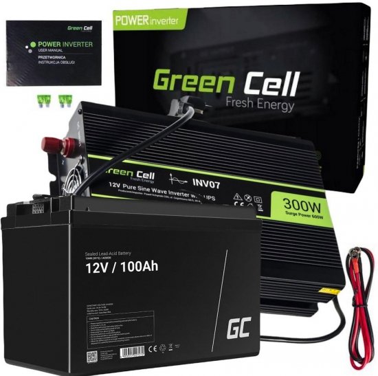 ZESTAW PRZETWORNICA Green Cell 12V-|}230V 300W/600W CZYSTY SINUS + AKUMULATOR AGM GreenCell 12V 100Ah