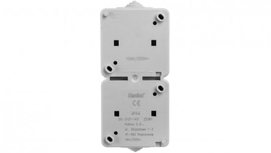 TEKNO Łącznik jednobiegunowy + Gniazdo z przesłoną styków pionowy 10AX/16A 250V szare IP54 25361