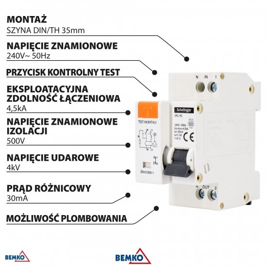 WYŁĄCZNIK RCBO 2P B 20A 30mA TYP AC SCHELINGER