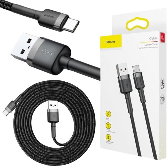 KABEL USB-A -|} USB-C Baseus Cafule CATKLF-CG1 200cm 2A QC 3.0 CZARNO-SZARY W NYLONOWYM OPLOCIE