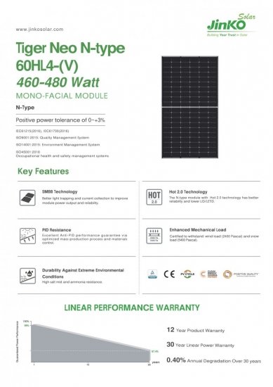 Moduł fotowoltaiczny panel PV 490Wp Jinko Solar JKM490N-60HL4-V BF Tiger Neo N-Type Monofacial Half Cut BF Czarna Rama