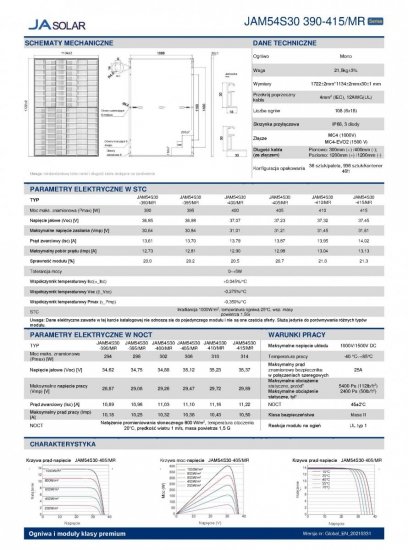 Moduł fotowoltaiczny Panel PV 410Wp JA Solar JAM54S30-410/MR_BF mono czarna rama