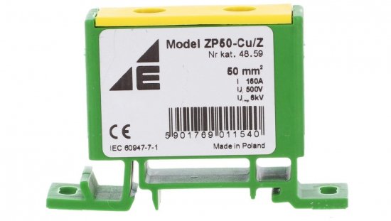 Blok rozdzielczy-odgałęźny 1-polowy CU 16-50mm2 żółto-zielony montaż płaski i na szynę TH ZP50 Cu / z 48.59