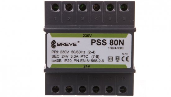 Transformator 1-fazowy modułowy bezpieczeństwa PSS 80N 230/ 24V 3,3A, na szynę DIN, IP20, Ta 40, 16024-9889