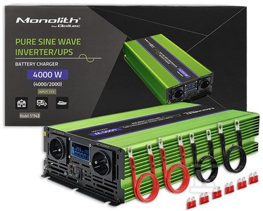 Przetwornica napięcia Monolith, ładowanie baterii, UPS, 2000W, 4000W, 12V na 230V, Czysty Sinus, LCD