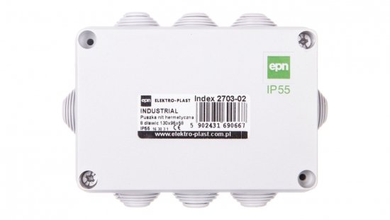 INDUSTRIAL Puszka hermetyczna n/t 130x95x58 z 8 dławnicami IP55 szara 2703-02