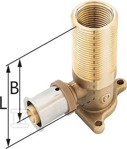 Kolano ścienne mosiężne z uszami do suchej zabudowy GZ/GW ultraPRESS - 16 G1/2&quot; x G3/4&quot; L = 78 mm