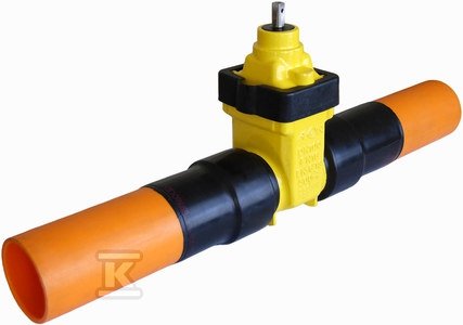 Zasuwa klinowa OptiValve do gazu DN80/OD90, PN10, z króćcami do zgrzewania PE100 SDR11, miękkouszczelniona, NBR, bez kółka, zamykanie CC (w prawo), GJS-żeliwo sferoidalne, kolor żółty