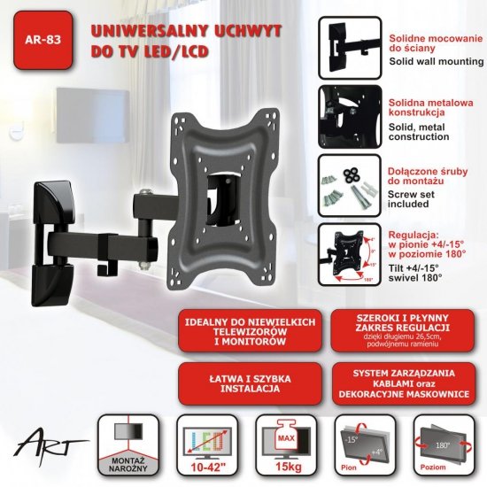 UCHWYT DO TV LCD/LED 10-42  15KG AR-83 ART reg.pion/poziom 26,5cm