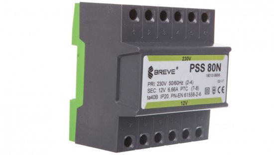 Transformator 1-fazowy modułowy bezpieczeństwa PSS 80N 230/ 12V 6,6A, na szynę DIN, IP20, Ta 40, 16012-9906