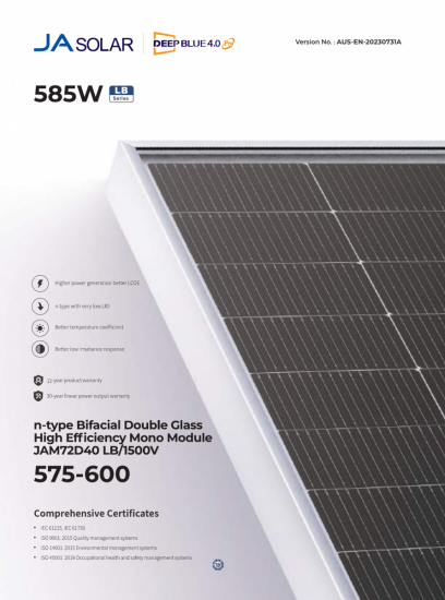 Panel PV JA Solar 600Wp JAM72D40-600/LB_SF bifacial / Paleta 36 sztuk