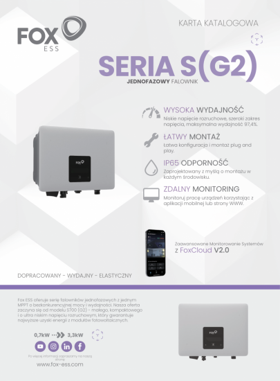 Falownik sieciowy 1-fazowy FoxESS S2000 - G2 2,0 kW