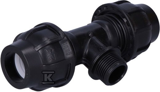 Trójnik zaciskowy PP 90st. 25x3/4 x25 GZ gwint zewnętrzny PN16, do rur PE, kolor czarny 13112502