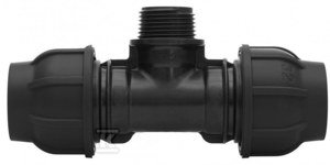 Trójnik zaciskowy PP 90st. 25x3/4 x25 GZ gwint zewnętrzny PN16, do rur PE, kolor czarny 13112502