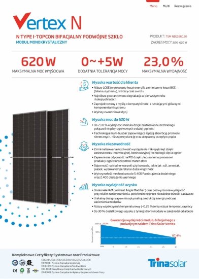 Moduł fotowoltaiczny 595Wp Trina Vertex N TSM-595-NEG19RC.20 Bifacial Dual Glass N-type Silver Frame 