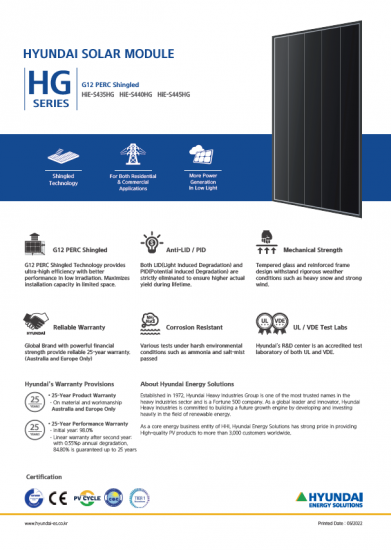 Moduł fotowoltaiczny Panel PV 440Wp  Hyundai  HiE-S440HG czarna rama