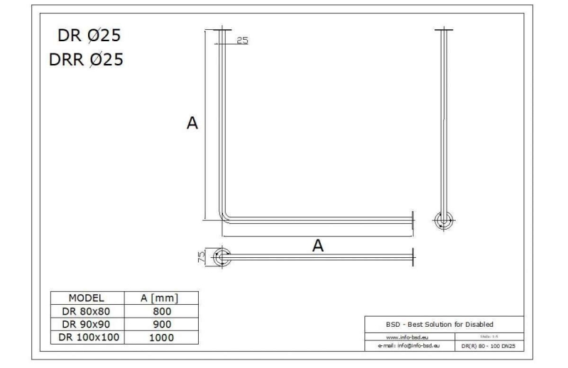 Drążek kątowy zasłony prysznicowej regulowany90x90 stal nierdzewna fi25
