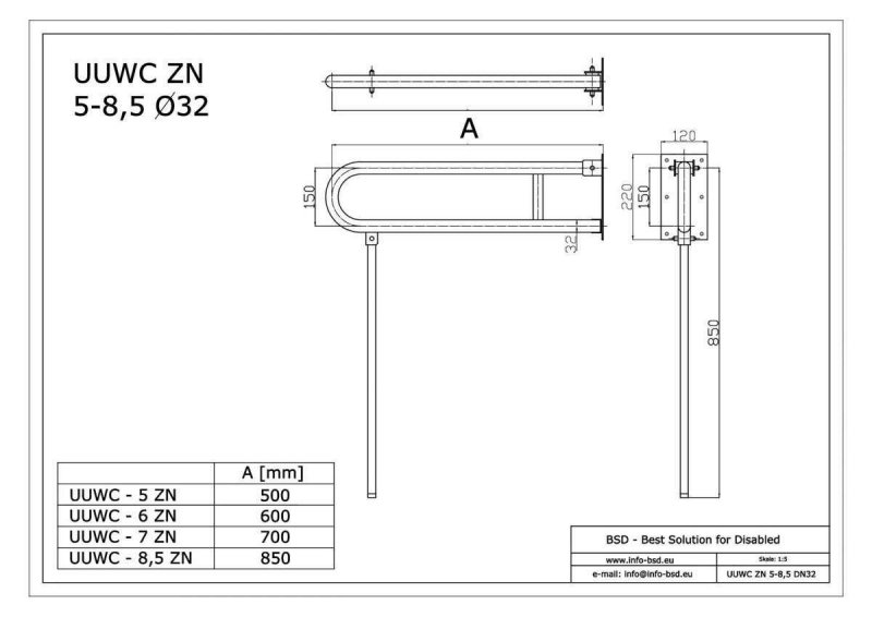 Uchwyt Uchylny dla Niepełnosprawnych z nogą 85cm biały fi32