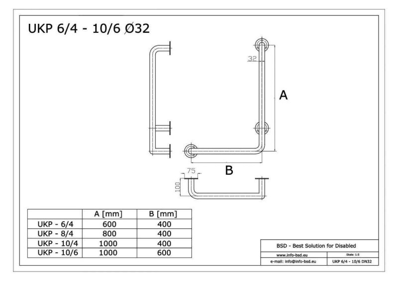 Uchwyt Kątowy dla Niepełnosprawnych prawy 100/60cm biały fi32 + MASKOWNICE