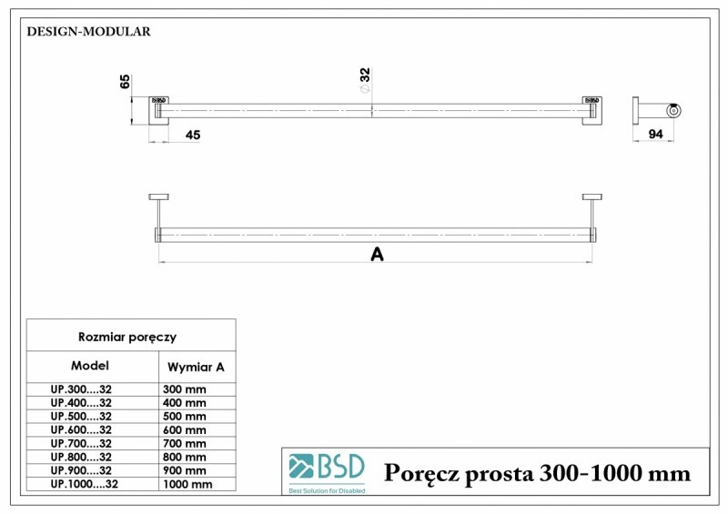 Poręcz Prosta dla Niepełnosprawnych stal nierdzewna 60 fi32mm