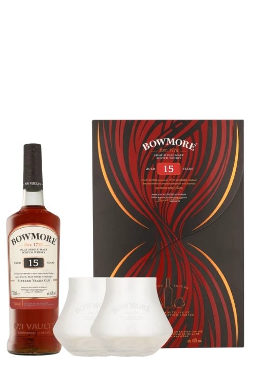 Whisky Bowmore 15 YO elegancki zestaw ze szklankami