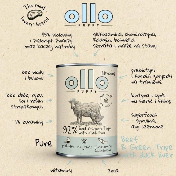 Ollo Puppy Umami Woł. żwacze z Kaczą Wątrobą 850g