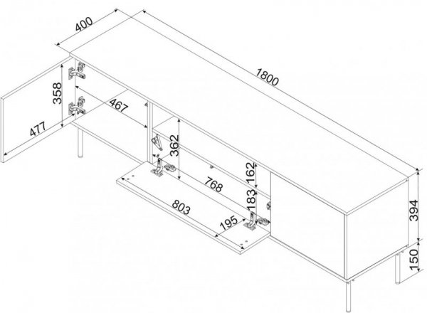 Szafka RTV EF + kominek czarny TRESSE 180x40x54,5 zieleń mat