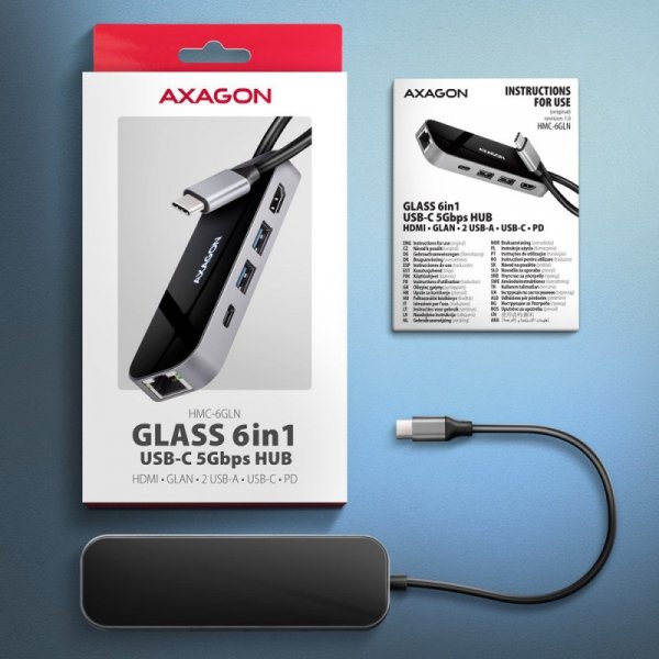 AXAGON HMC-6GLN Hub USB, 2x USB-A, 1x USB-C, 1x HDMI 2.0, 1x RJ45, 100 W PD – srebrny