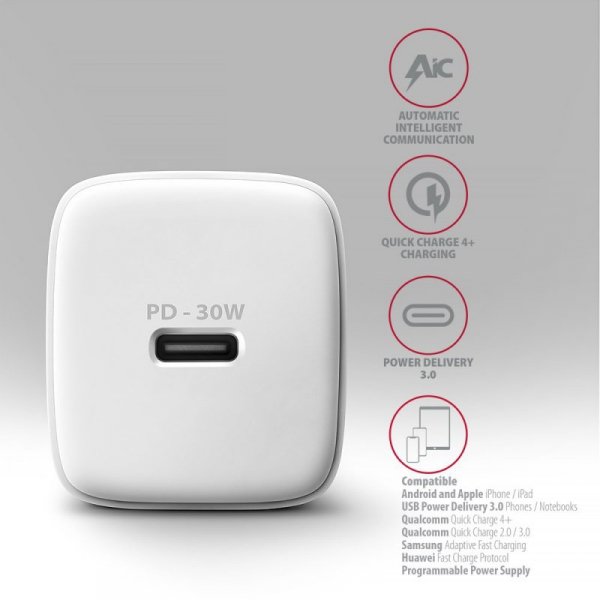 Axagon ACU-PD30W wall charger 1x QC3.0/AFC/FCP/PD type-C 30W white Telefon komórkowy, Smartfon, Smartwatch, Tablet, Uniwersalne 