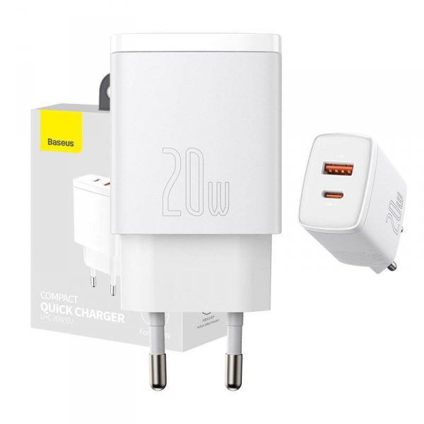 Ładowarka sieciowa Baseus Compact Quick Charger, USB, USB-C, 20W (biała)