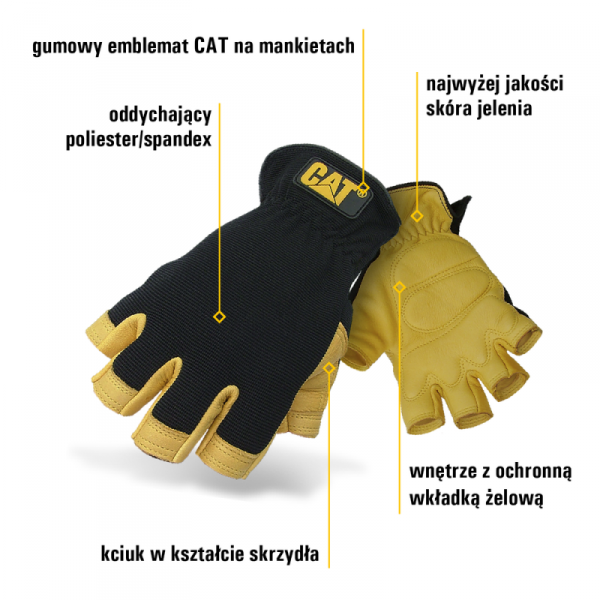Rękawice robocze bez palców CAT wkładki żelowe skóra jelenia rozmiar L