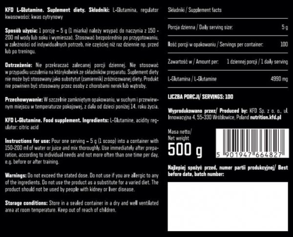 KFD Glutamine 500 g Kaktusowy etykieta