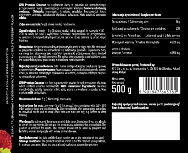 KFD Premium Creatine 500 g Truskawkowo - poziomkowy 