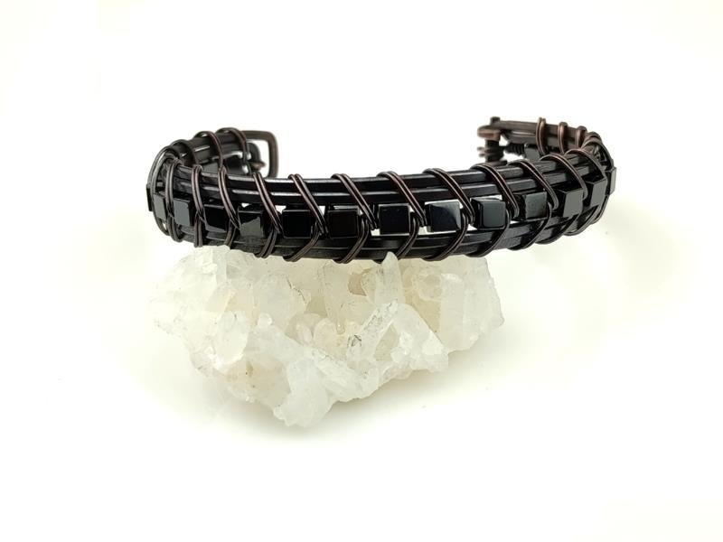 Kostki hematytu - męska bransoleta miedziana, obwód 18.5 cm, regulowany, waga 25 gram, rękodzieło