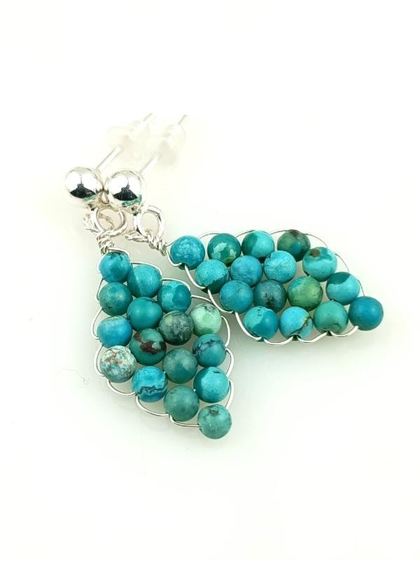 Turkus - kolczyki ze srebra Ag999, wymiary 2.7x1.2 cm, waga 1.9 grama, rękodzieło