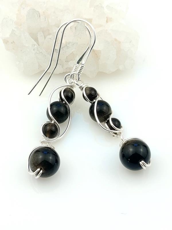 Kolczyki ze srebra z obsydianem złotym dla numerologicznej 1 i 9, rękodzieło