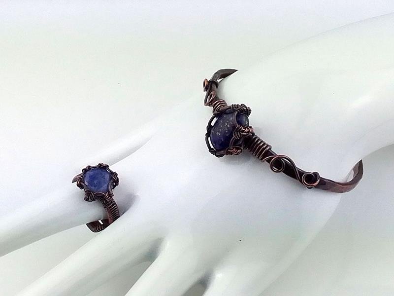 Miedziany pierścionek i bransoletka z jaspisem i lapis lazuli, znak Barana